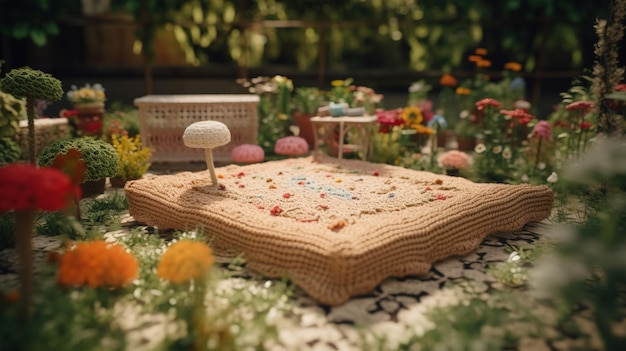 Generative AI cute garden made of crochet plants trees flowers Soft colors dreamy scene landscape