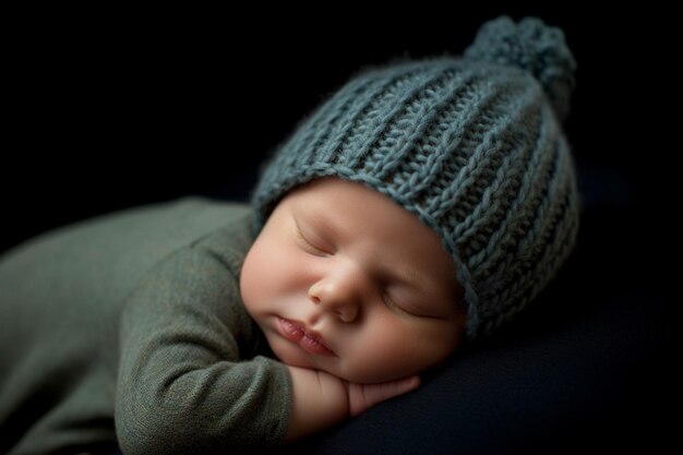 Generative AI cute happy newborn baby in knitted hat cap