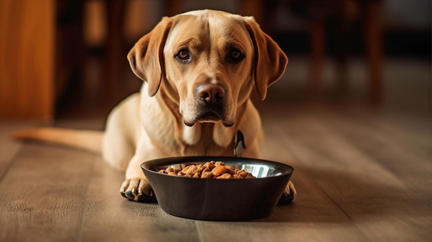 Generative AI Cute Labrador Eating Dry Food From Bowl