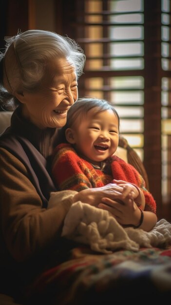 Generative AI Cute little boy grandson congratulating senior smiling grandmother on holiday and gi