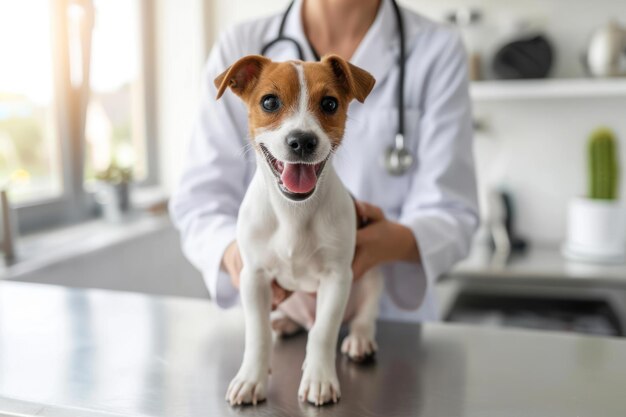 獣医クリニックで専門の獣医師によって検査される生成 AI のかわいい小型犬