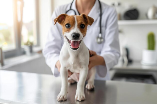 Generative AI cute small dog being examined by professional veterinarian in vet clinic