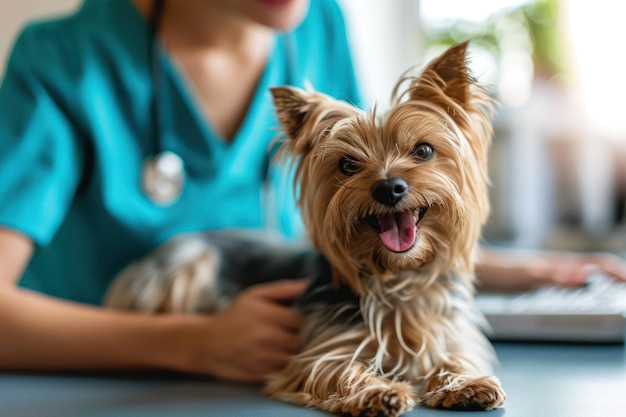 Generative AI cute small dog being examined by professional veterinarian in vet clinic