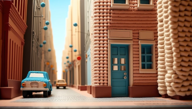 Generative AI cute street made of crochet houses trees road cars Soft colors dreamy scene cityscape