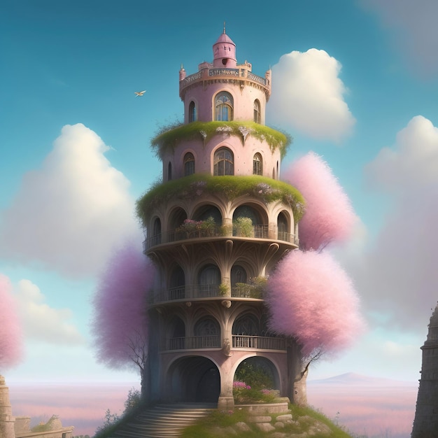 Generative AI cute tower in a fantasy landscape