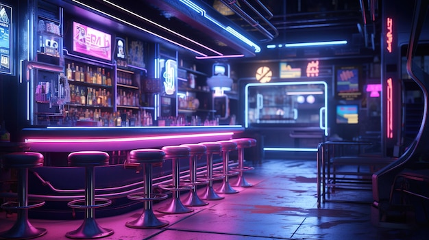 Генеративный ИИ-бар или кафе в стиле киберпанк Ночная сцена большого города, футуристическая ностальгия 80-х 90-х годов
