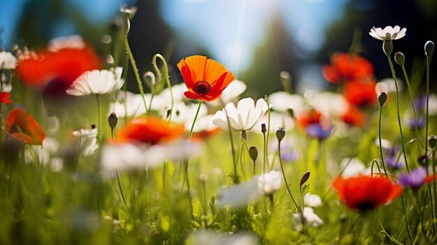 Generative AI Daisies and poppies on sunny spring meadow Horizontal closeup with short deep of f