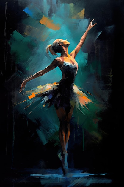 Generative AI Dancing woman or girl dynamic motion Impasto hand drawn painted colorful art young female ballerina dancer