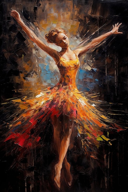 Generative AI Dancing woman or girl dynamic motion Impasto hand drawn painted colorful art young female ballerina dancer