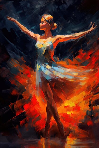 Generative AI Dancing woman or girl dynamic motion Impasto hand drawn painted colorful art young female ballerina dancer