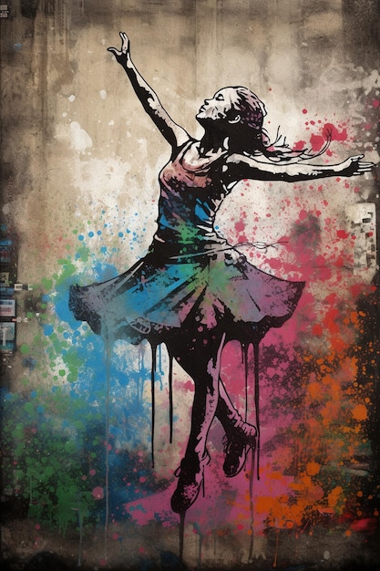 생성 AI 춤추는 여자 또는 소녀 동적 동작 잉크 페인트 다채로운 밝아진 거리 낙서 예술