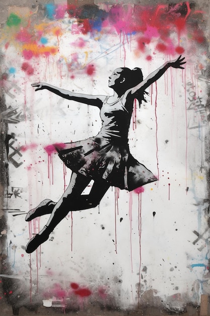 Generative AI Dancing woman or girl dynamic motion Ink paint colorful splashes street graffiti art