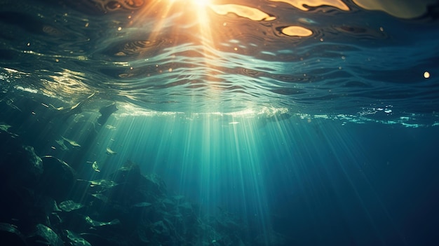 생성 AI 태양 빛으로 수중에서 본 짙은 파란색 바다 표면
