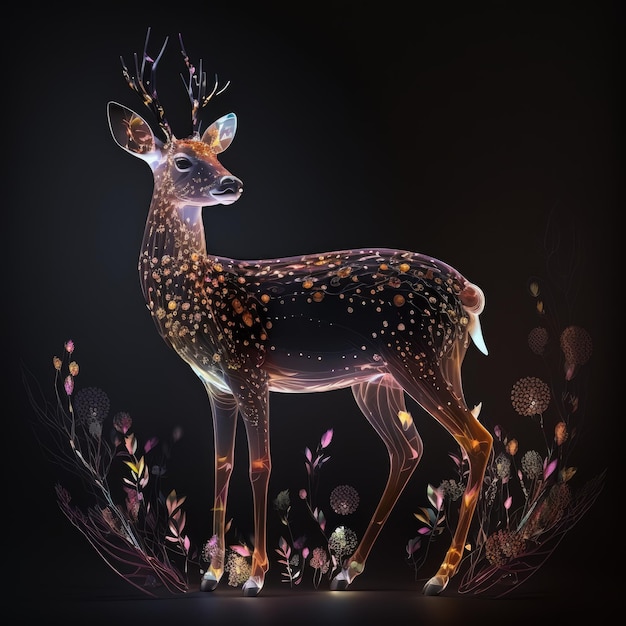 Generative AI of a deer with flowers on a black background