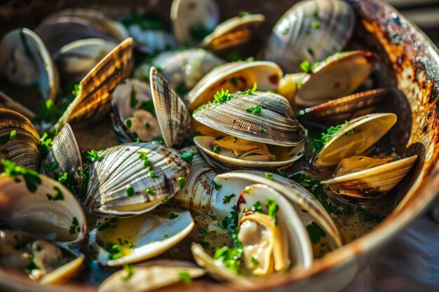 Foto ai generativa di deliziose vongole con aglio, olio d'oliva, prezzemolo e coriandolo