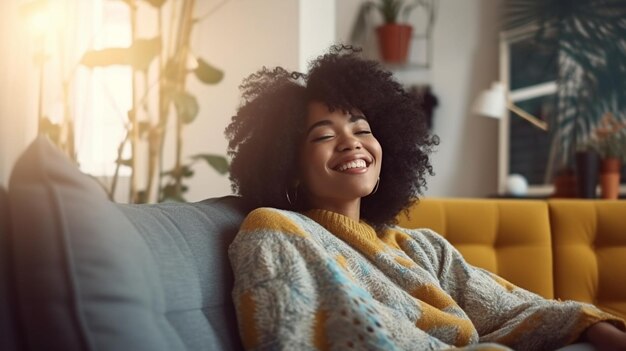 Generative AI Delighted young female with warm blanket smiling and listening to favorite song with