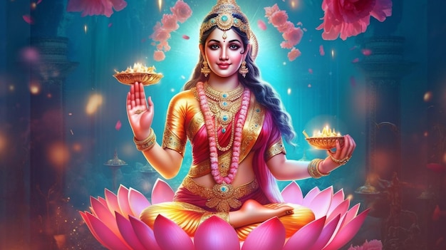 Photo generative ai depicts the hindu goddess laxmi a symbol of riches and prosperity as having a celestial aura and sitting on a flowering lotus flower