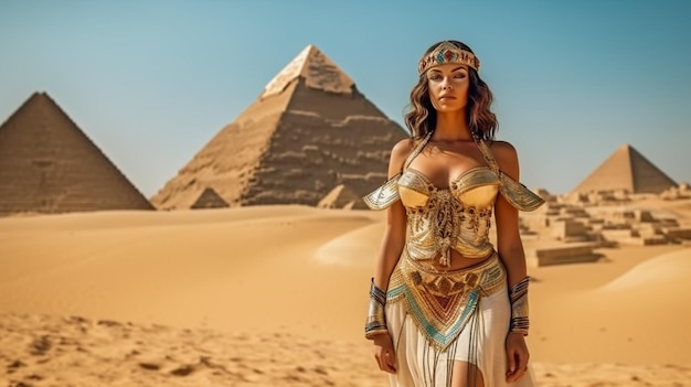 Генеративный ИИ изображает царицу Клеопатру в египетском одеянии, позирующую рядом с пирамидами в пустыне.