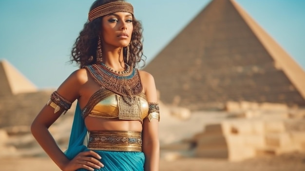 Generative AI depicts Queen Cleopatra in Egyptian attire while posing next to desert pyramids