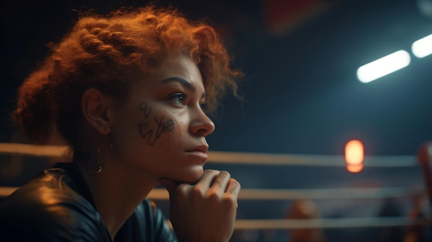 Generative AI depicts a thoughtful female boxer leaning on the boxing ring ropes