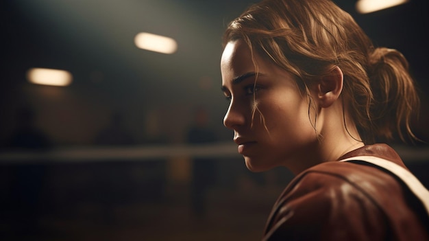 Generative AI depicts a thoughtful female boxer leaning on the boxing ring ropes
