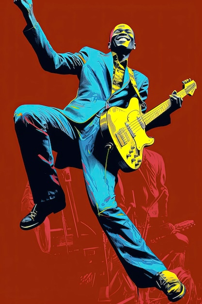 기타를 연주하는 음악가의 생성 AI 디지털 일러스트레이션 Andy Warhol 스타일 일러스트레이션