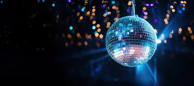 音楽放送のためのカラフルなライトを反射するジェネレーティブAIディスコの輝くボールパーティー ナイトクラブの音楽のバナー