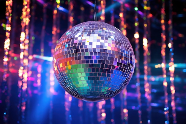 音楽放送のためのカラフルなライトを反射するジェネレーティブAIディスコの輝くボールパーティー ナイトクラブの音楽のバナー