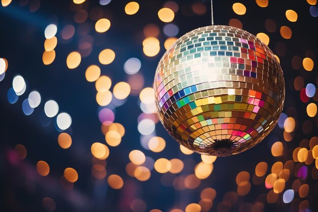 Generative AI Disco shiny ball party reflecting colorful lights for music broadcast night clubs musical banners