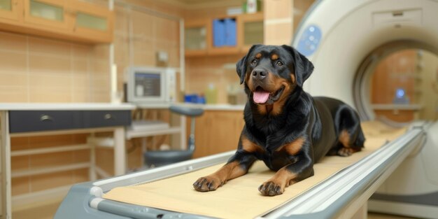 Генеративный ИИ Собака на столе при МРТ в ветеринарной хирургии больницы ветеринарной клиники баннер