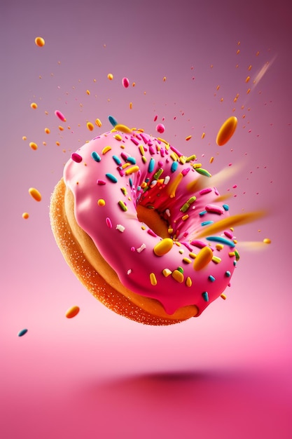 Generative AI of donut with colorful sprinkles on pink background