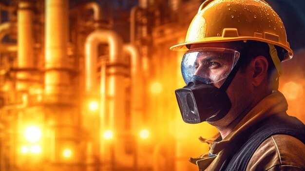 Generative AI and a double exposure of an engineer wearing a protective helmet in an oil refinery plant