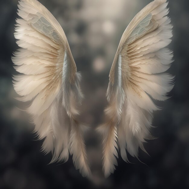 Generative AI Dream like realistic angel wings background with a white wing of a bird