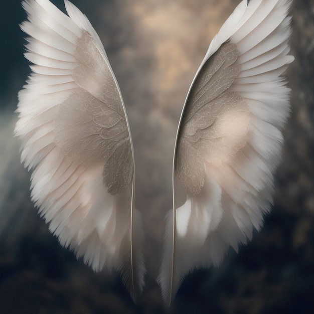 Generative AI Dream like realistic angel wings background with a white wing of a bird