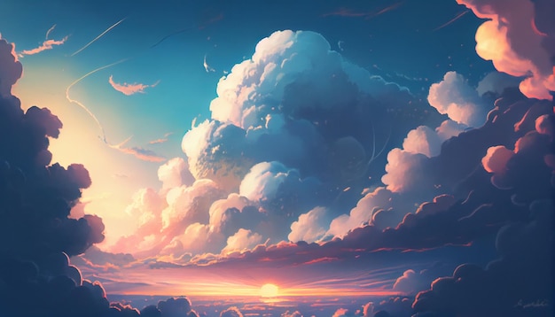 Generative AI Dreamy Blue and White Cloudscape at SunriseSunset