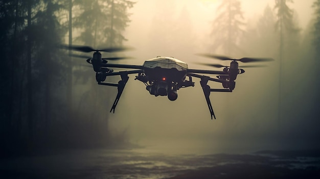 Generative AI a drone performs a reconnaissance flight in the forest