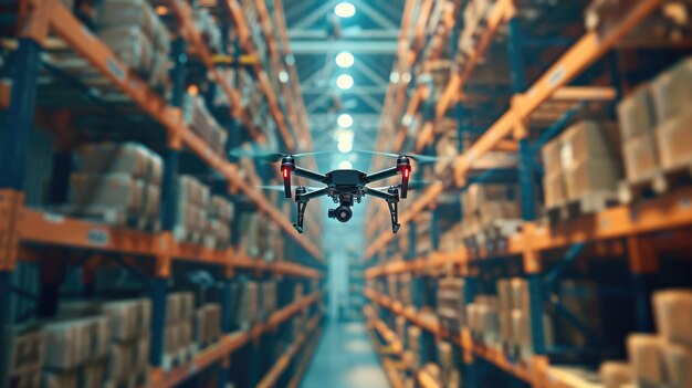 Generative AI drone in the warehouse autonomous delivery robot is flying in storehouse shipping