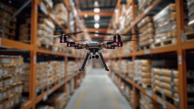 Generative AI drone in the warehouse autonomous delivery robot is flying in storehouse shipping