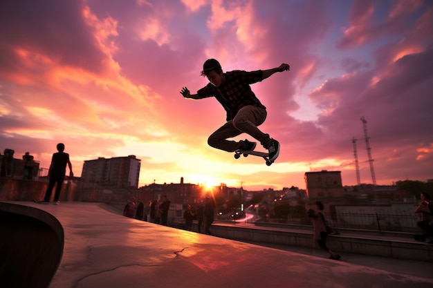 Генеративный динамический кадр скейтбордиста, выполняющего трюк в городском скейт-парке на закате
