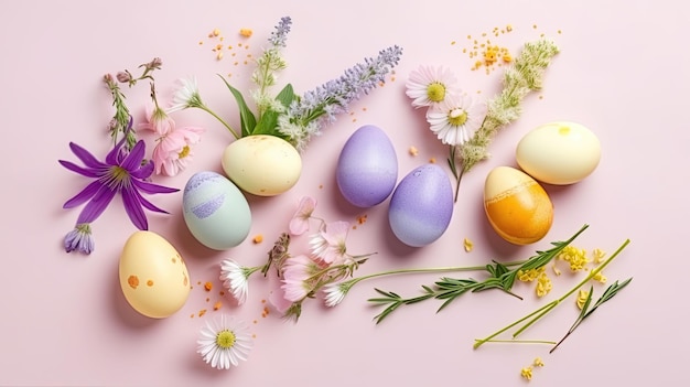 Generative AI Easter eggs of pastel color on a light background with flowers flatlay composition of Happy Easter Pattern Horizontal illustration