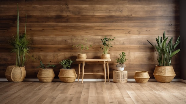 Generative AI Eco wooden room with plants with natural furniture boho ethnic chic style interior