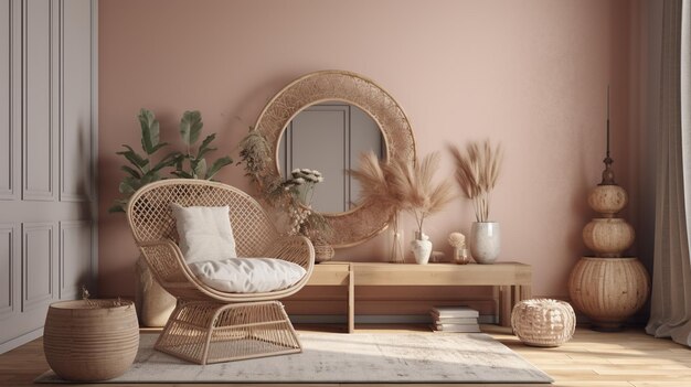 Генеративный AI Эко деревянная комната с растениями с натуральной мебелью интерьер в стиле бохо в стиле этно-шик