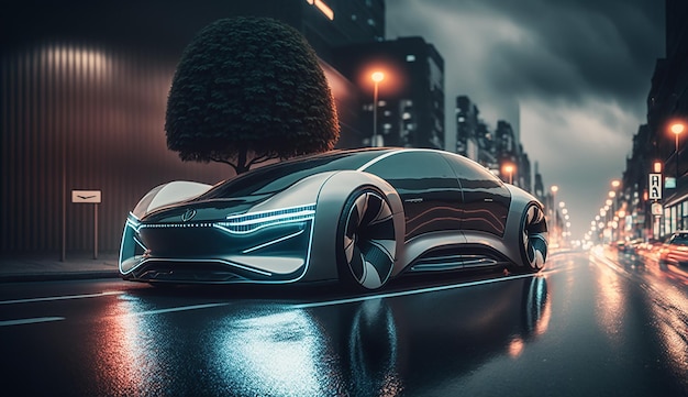 Generative AI an electric car driving on a wet street with light reflections on it