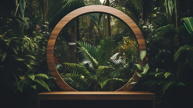 Generative AI Empty circle wooden frame and tropical leaves on jungle background For product display