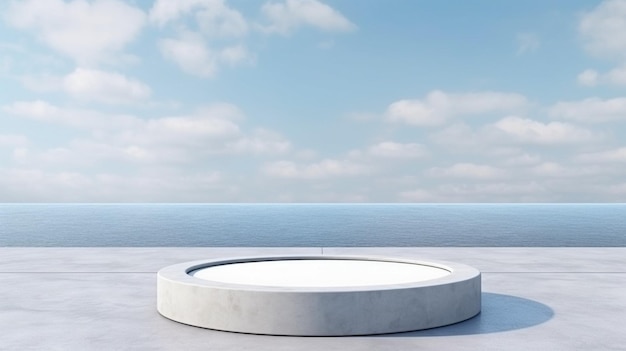 Генеративный AI Пустой бетонный пол и серая стена 3d-рендеринг площади с видом на море и ясным небом