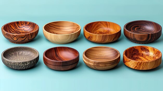 Generative AI Empty wooden bowls of various shapes on bright studio background