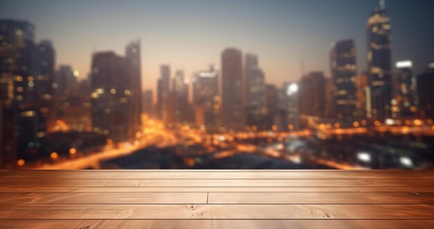 Generative AI Empty wooden table top with blur background of a busy street big city