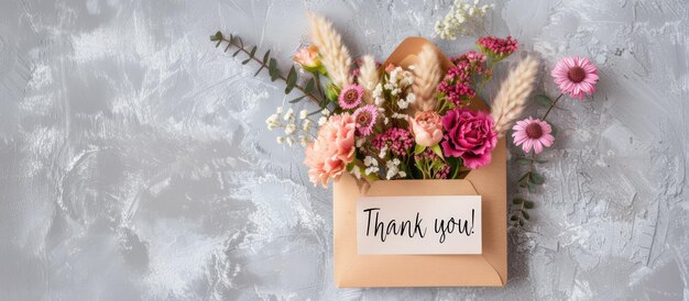 Photo generative ai envelope with flowers and a thank you message on neutral background