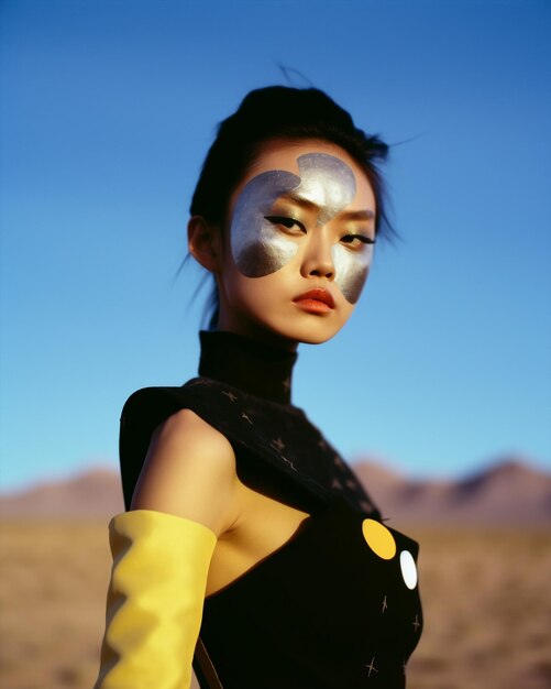 Generative ai envision of an innovative futuristic fashion asiatic model posing outdoors