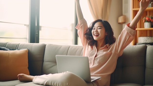 Generative AI Excited young woman freelancer smiling and throwing documents up after finish of fre